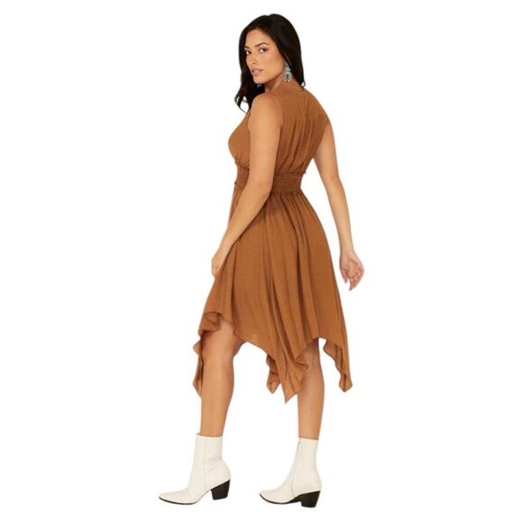 Wishlist Brown Rayon Midi Dress M Sleeveless V-Neck Smocked Waist Boho Hem - Picture 3 of 8